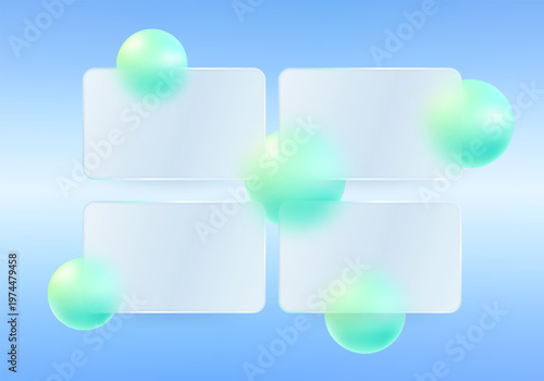 Vector background featuring four translucent glassmorphism cards arranged in a grid with mint gradient spheres on a sky blue backdrop.