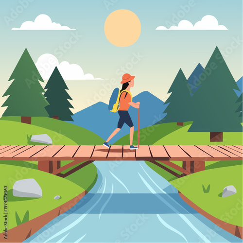 Randonneur sur un Pont en Bois au-Dessus d'un Ruisseau de Montagne
