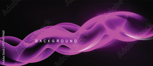 Abstract purple waves flow across black space. Bright light creates dynamic, smooth curves. Modern design element for backgrounds.