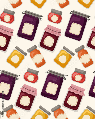 Vector seamless pattern with berry jams on white background. Texture of bottles with sweet syrup in flat cartoon style for wallpaper, textile and wrapper