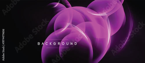 Abstract purple design features overlapping circles, glowing lines. Dark background enhances vibrant luminosity, creating modern aesthetic.