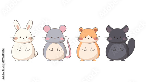 Cute cartoon animals, kawaii animals. Vector illustration with outlines, pets for children. White rabbit, hamster, mouse, and chinchilla