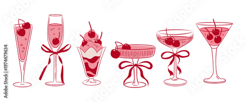 Set of retro cocktails with cherries. Pink glasses with drinks, fancy girly drinks in coquette style