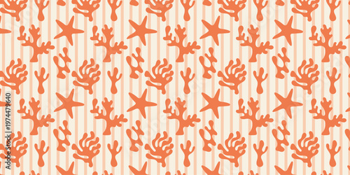 Retro style striped nautical pattern. Shapes of corals, shells, starfish. Orange background, marine ornament for printing on fabrics and packaging