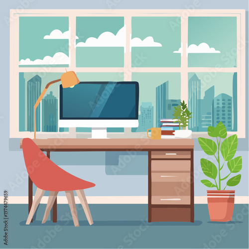 Bureau à Domicile avec Ordinateur, Plante et Vue sur la Ville Géométrique
