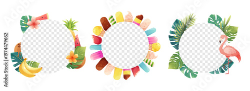 Set of round photo frames, summer design. Posters, advertising banners, stickers for sales. Tropical elements, transparent summer background