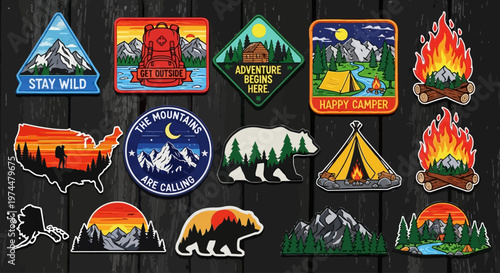 Collection of nature-themed adventure patches for clothing and accessories, including mountains, camping, and wildlife designs
