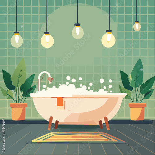 Salle de Bain Géométrique avec Baignoire Pleine de Bulles et Bougies
