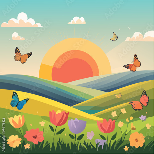 Prairie Printanière en Fleurs avec Papillons et Collines Géométriques
