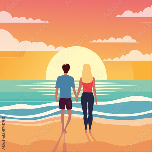 Coucher de Soleil sur la Plage avec Couple en Silhouette et Vagues Géométriques
