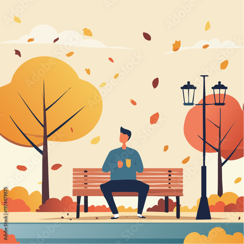 Parc d'Automne avec Feuilles Colorées, Personne sur un Banc et Réverbère
