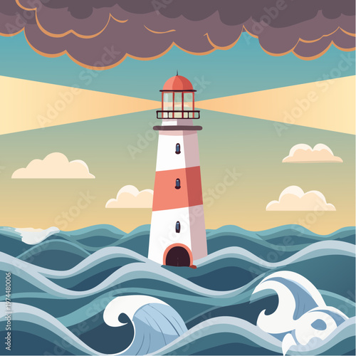 Mer Agitée par la Tempête avec Phare et Rayons de Lumière Géométriques
