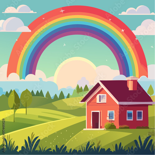 Arc-en-Ciel après la Pluie avec Champs et Ferme Géométriques dans la Campagne
