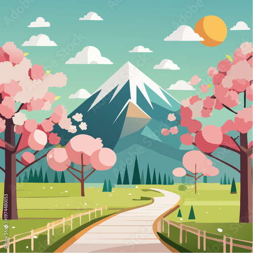 Cerisiers en Fleurs Géométriques avec Chemin et Montagnes en Arrière-Plan
