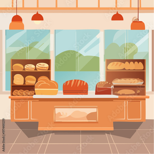 Boulangerie Géométrique avec Étagères de Pains, Viennoiseries et Lumière Matinale
Boulangerie Géométrique avec Étagères de Pains, Viennoiseries et Lumière Matinale
