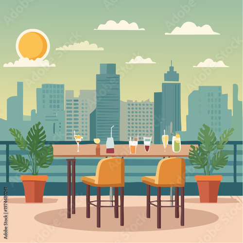 Bar Rooftop Géométrique avec Jardin, Cocktails et Vue Panoramique sur la Ville
