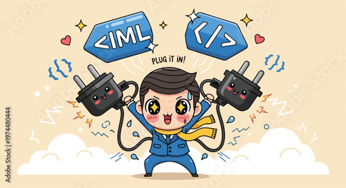 Cartoon child with electrical plugs and coding symbols, excited expression