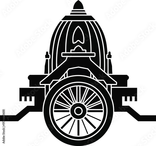 Black silhouette of an ancient Indian chariot with large wheel and dome shaped roof