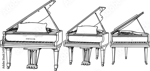 Grand Piano Line Art Illustration Set with Open and Side Views, Classic Musical Instrument Sketch Vector Collection for Music, Orchestra and Artistic Design Projects