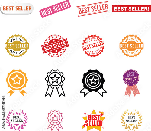 Best seller icon set vector design premium badge label sticker emblem tag symbol shopping e-commerce marketing sale product award sign bestseller mark collection group isolated.