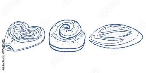 Assortment of baked goods sprinkled with seeds, hand-drawn in doodle style: a pretzel and a cinnamon roll