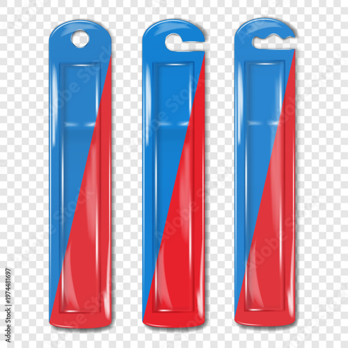 Hanging transparent long blister box. Realistic vector mockup set. Cardboard back clear plastic front display package. 3d mock-up. Easy editable template