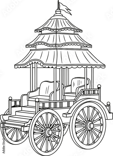 Line drawing of a traditional Asianstyle horse drawn carriage with a pagoda roof and large wheels