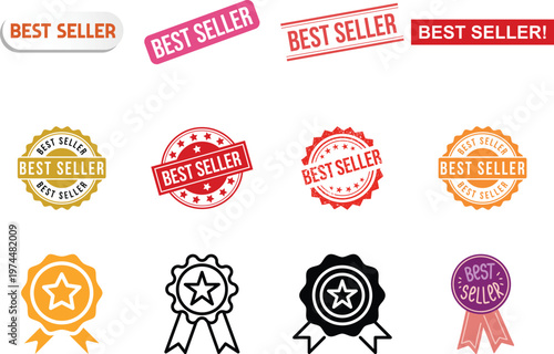 Best seller icon set vector design premium badge label sticker emblem tag symbol shopping e-commerce marketing sale product award sign bestseller mark collection group isolated.