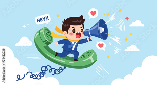Cheerful businessman jumping on giant green telephone with megaphone in sky background