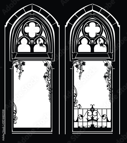 fantasy gothic style castle or church window and balcony decorate dwith rose flower stems  - black and white vector copy space design of fairy tale medieval passage