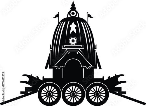Traditional Indian chariot with wheels and flags on top  cultural symbol  historical vehicle