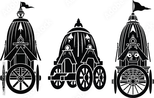 Three traditional Indian chariot designs with domed roofs and large wheels for cultural festivals and celebrations