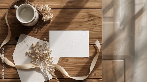 Blank card with an envelope and ribbon on a wooden table