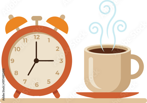 A warm and inviting flat vector design displaying a vibrant orange alarm clock with the time 7:15 explicitly written on the face, alongside a beige coffee cup with rising steam.