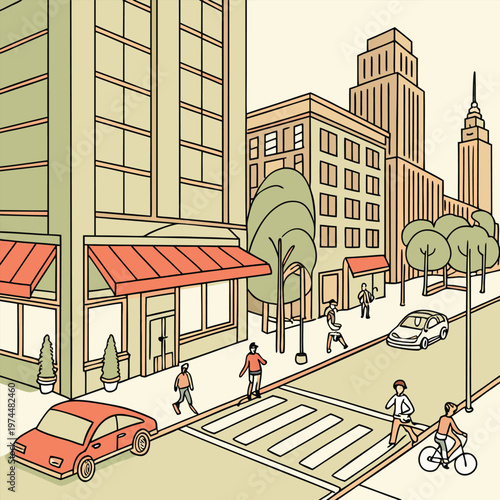 Urban city street scene with pedestrians and traffic city life illustration