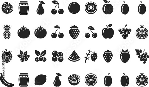 Large vector set of black fruit and berry icons featuring apples, cherries, strawberries, and jam jars for healthy food branding and kitchen menu graphics.
