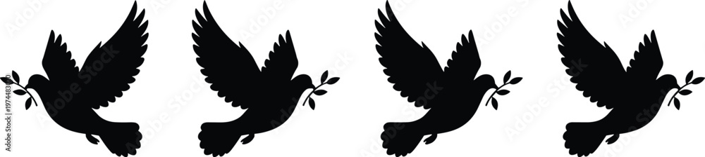 Fototapeta premium Vector set of black dove silhouettes flying with olive branches representing peace and freedom for religious logos, wedding invitations, and global harmony graphics.