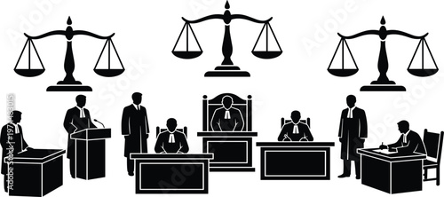 Vector set of black courtroom silhouettes featuring judges, lawyers, and scales of justice for legal firm branding, law advocacy websites, and judicial system graphics.