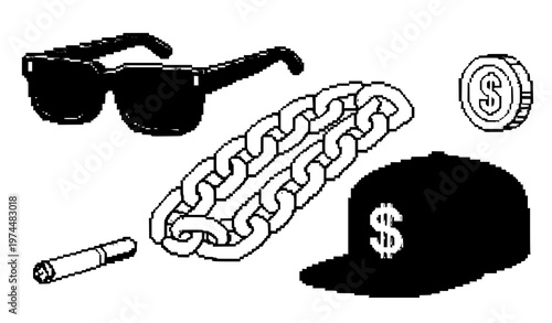 A vector graphic illustration of hip hop accessories and symbols