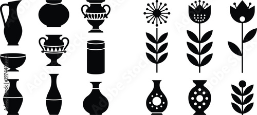 Vector set of black ceramic vase silhouettes and decorative floral icons featuring ancient pottery shapes and minimalist flower designs for home decor branding graphics.