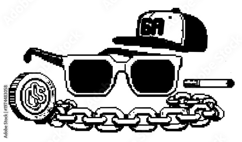 A vector graphic illustration of sunglasses, a hat, and a chain with a dollar sign