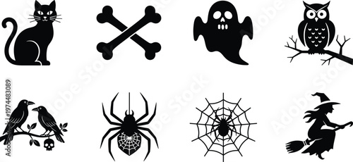 Vector set of black Halloween silhouettes featuring spooky ghosts, witches, spiders, black cats, and owls for seasonal party invitations and holiday decoration branding graphics.