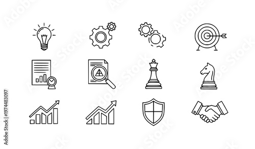 A set of business strategy icons in a minimal line art style