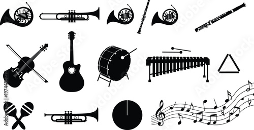 Vector set of black musical instrument silhouettes featuring guitar, violin, trumpet, drums, and music notes for orchestral branding, concert posters, and education graphics.