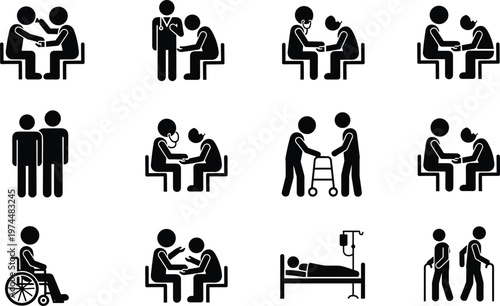 Vector set of black medical silhouettes featuring doctor consultations, elderly patient care, wheelchair accessibility, and hospital treatment icons for healthcare service and nursing home graphics.