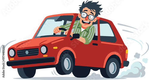 Cartoon illustration of a scared driver gripping the steering wheel while speeding in a small red car, with motion lines and dust effects emphasizing panic and fast movement.