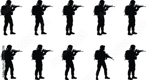 Vector set of black soldier silhouettes featuring military personnel with rifles and tactical backpacks for army recruitment, defense branding, and veteran memorial graphics.