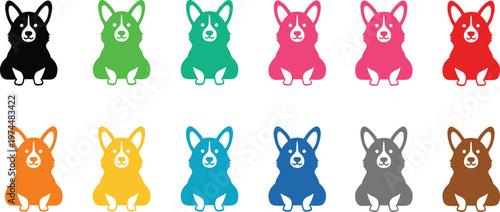 Vector set of colorful Welsh Corgi dog silhouettes featuring various vibrant hues for pet shop branding, animal rescue logos, and cute canine themed graphics.