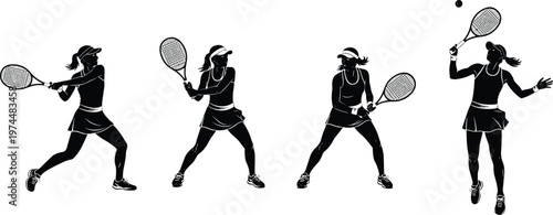 Vector set of female tennis player silhouettes featuring various action poses including serve, backhand, and forehand for sports club logos and tournament graphics.
