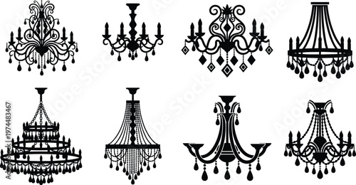 Vector set of elegant black chandelier silhouettes featuring ornate crystal designs and vintage light fixtures for luxury interior branding and home decor graphics.